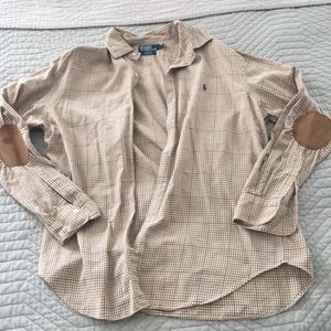 Brown checkered polo with patches size large